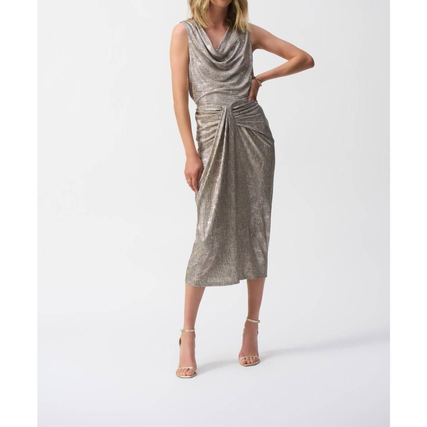 New Joseph Ribkoff Foiled Knit Draped Pencil Skirt In Beige/Gold